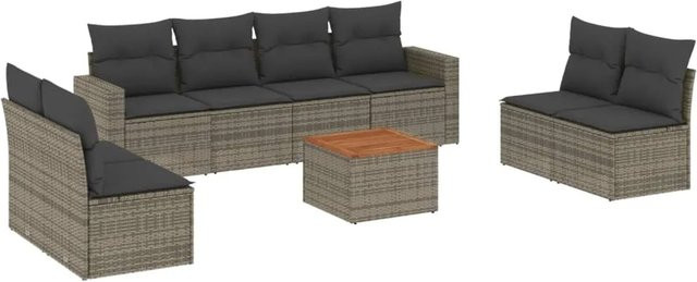 vidaXL 9-tlg Garten-Sofagarnitur aus Poly Rattan und Akazienholz in Grau mit Kissen - Bild 1