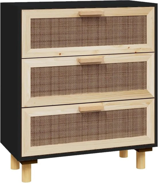 vidaXL Sideboard Schwarz aus massivem Kiefernholz und Natur-Rattan B/T/H: 60 x 30 x 70 cm - Bild 1