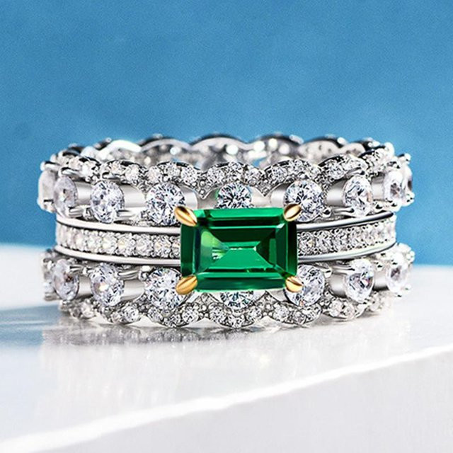 Huitan Ring, Kupfer, Silber, Grüne Zirkonia, Damen - Bild 1