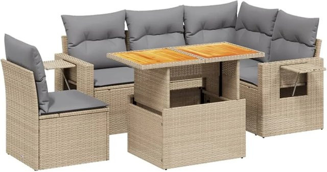 vidaXL 6-tlg Garten-Sofagarnitur in L-Form aus beige Poly Rattan mit Kissen und Akazienholz Modell 396 - Bild 1