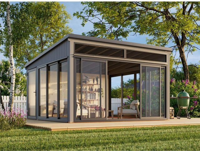 Palmako Holz-Gartenhaus Saga Slide mit Pultdach in Dunkelgrau, B/T: 420 x 420 cm - Bild 1