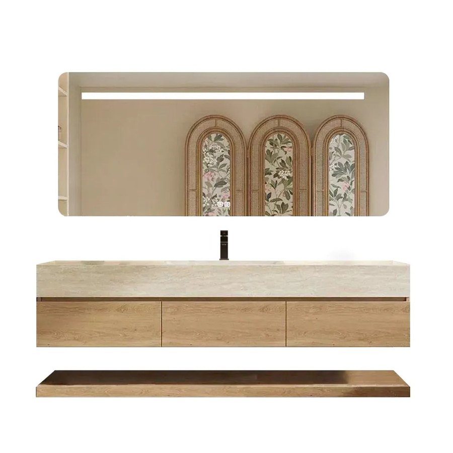 360Home Waschbecken Set Wandhängend in Travertin Optik Beige mit Unterschrank und LED-Spiegelschrank B/T/H: 120 x 55 x 55 cm - Bild 2