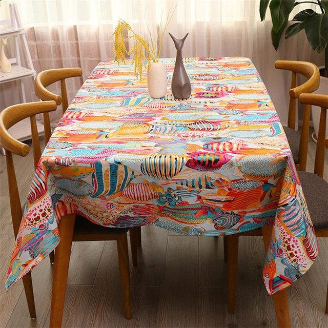 Baumwoll-Leinen-Tischdecke Your Warm Home in Blau und Rot mit Mediterran Cartoon Tropenfisch Motiv, quadratisch, B/T: 60 x 60 cm - Bild 1