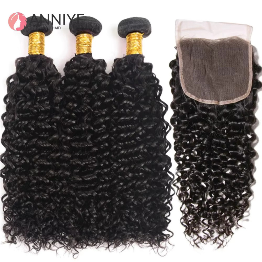ANNIYE Kinky Curly Bundles mit 4x4 Lace Closure, Remy Echthaarverlängerungen, Naturfarbe - Bild 2