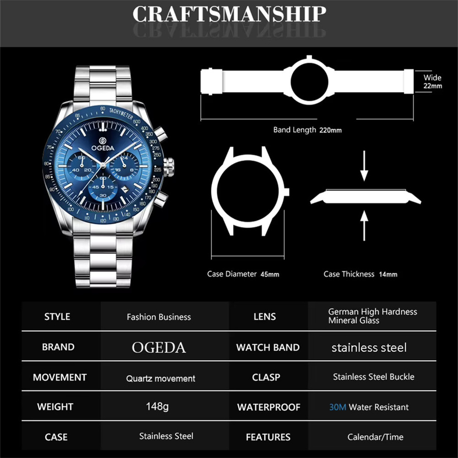 Odeda Design Armbanduhr, Quarz, Edelstahl, 45 mm, Herren, Blau, Silber - Bild 2