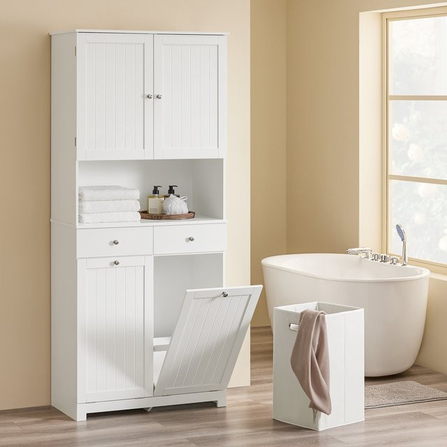SoBuy Badezimmerschrank als Hochschrank mit 2 Wäschekörben, 2 Schubladen und offener Ablage, Weiß, B/T/H: 78 x 38 x 181 cm - Bild 2