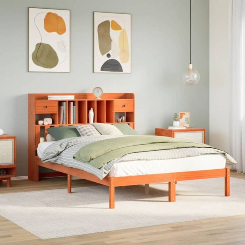 Massivholzbett aus Kiefer mit Regal in Braun von vidaxl, B/T/H: 150 x 200 cm - Bild 1