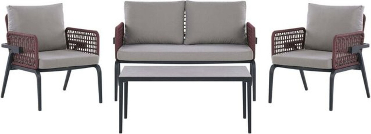 BELIANI Lounge Set 4-Sitzer für Terrasse und Outdoor in Schwarz und Burgunderrot mit grauen Kissen und Couchtisch mit Steinplatte - Bild 1