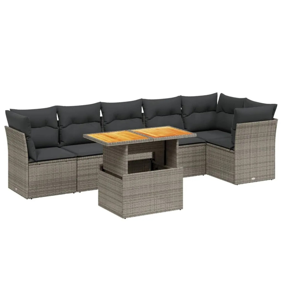 vidaXL 7-teilige Garten-Sofagarnitur aus Poly-Rattan und Akazienholz in Grau mit Kissen - Bild 2