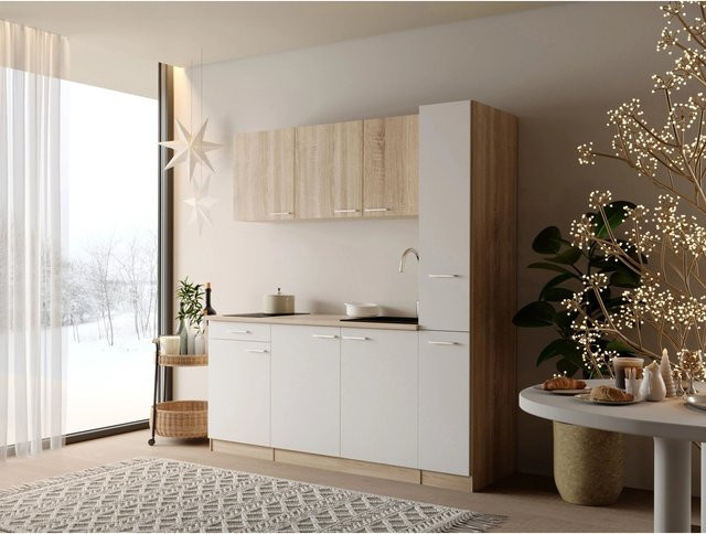 Respekta Ingrid Singleküche Weiß mit Apothekenschrank, moderne Küchenzeile mit Schubladen und Glastüren, B/T/H: 180 x 60 x 200 cm - Bild 1
