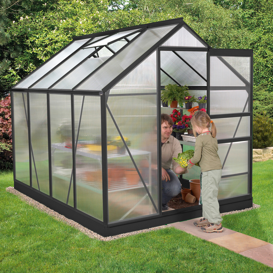 Vitavia Gewächshaus Planet 5000 Schwarz mit Fundamentrahmen, 5 m², Polycarbonat und Aluminium-Satteldach - Bild 3