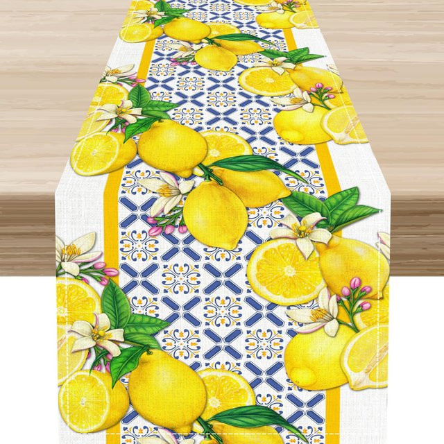 JMG Household Supplies Tischläufer aus Leinen mit Zitronen- und Fliesenmuster in Blau und Gelb, B/T: 150 x 33 cm - Bild 1