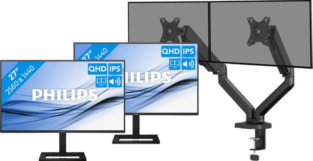 Philips 27E1N1600AE/00 Doppelpack QHD IPS Monitore in Schwarz mit BlueBuilt mechanischer Feder-Monitorhalterung für 2 Monitore - Bild 1