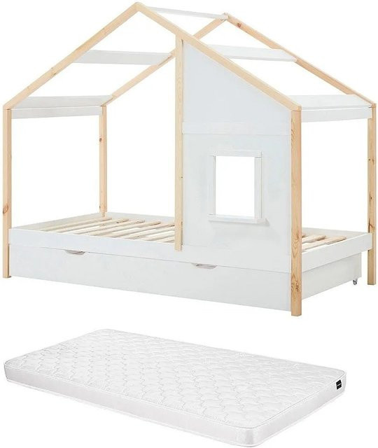 Vente-unique Hausbett Rinelya für Kinder in Weiß mit Schubladen aus Kiefer und MDF, B/T/H: 90 x 190 x 159 cm - Bild 1