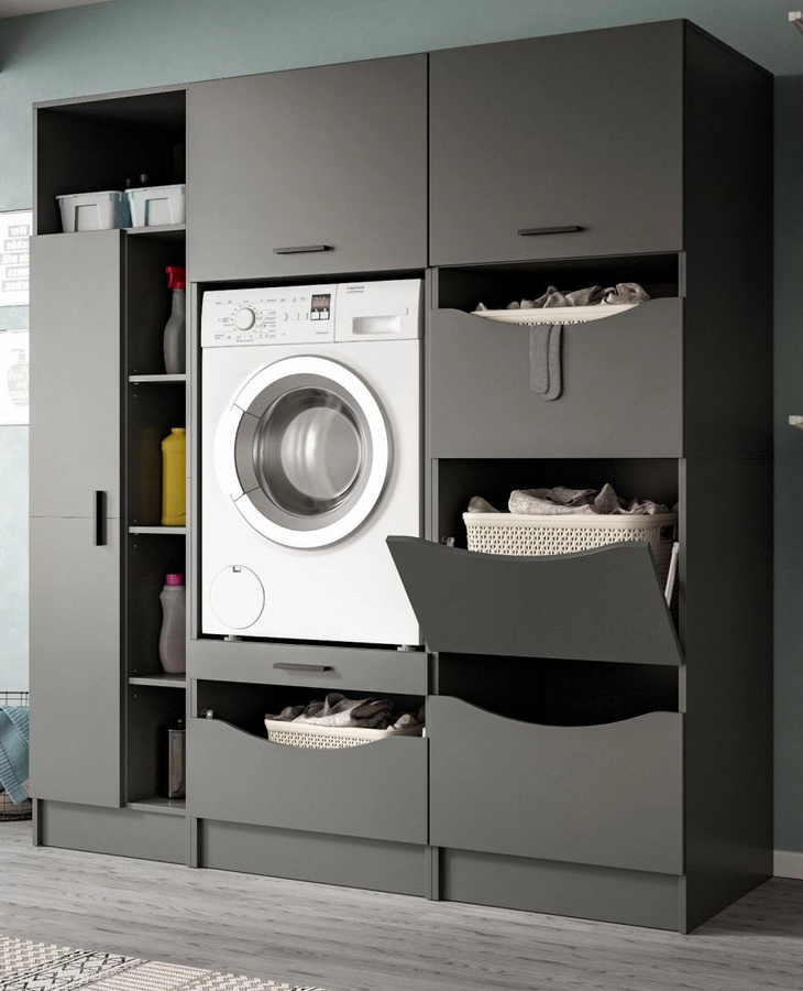 Waschmaschinenumbau Set Flexy in Grau, modernes Badmöbel-Set mit Soft-Close-Türen und Regalen, B/H: 176 x 196 cm - Bild 1