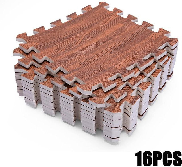 16 Stück Teppichfliesen in Holzmaserung von Comfortable Family Life, quadratische Fußmatten ineinandergreifend, weich und flauschig, Farbe: braun, H x B x T: 1,0 x 30 x 30 cm - Bild 1