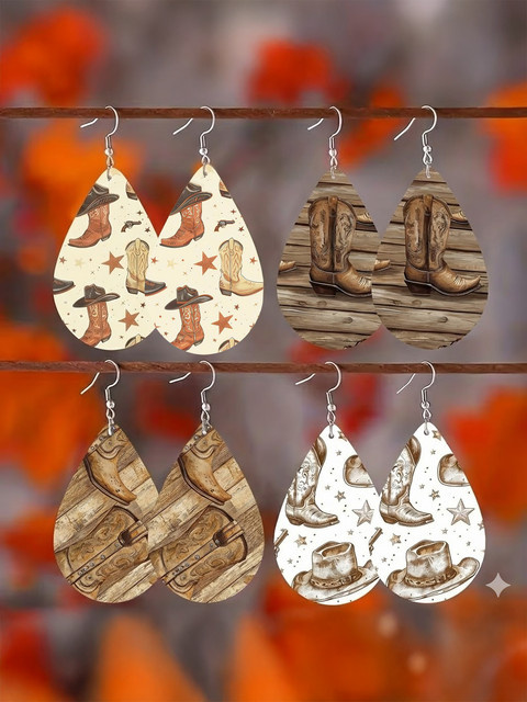 YULUCH Ohrring-Set Holz, Western-Cowboystiefel und Hut, Damen, Bunt - Bild 1