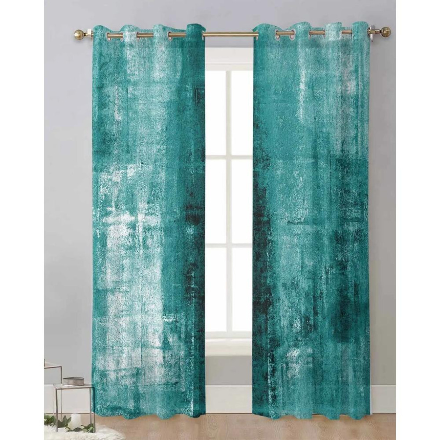 Yiran Furniture Transparentes Voile-Vorhang in Türkis mit Vintage-Ölgemälde-Design, Breite: 135 cm, Höhe: 115 cm - Bild 1