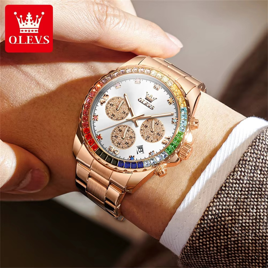 OLEVS Chronograph Herrenuhr, Edelstahl, Quarz, Regenbogen-Edelsteinlünette, Bunt - Bild 4