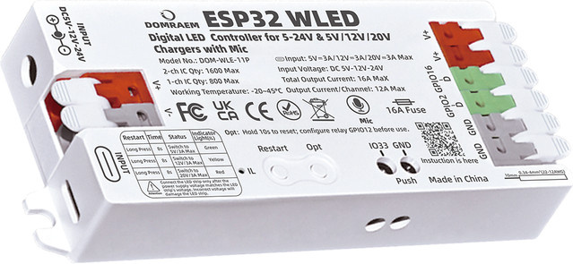 DOMRAEM PD ESP32 WLED Digitaler LED-Controller mit Mikrofon, Dualer Stromeingang USB-C PD & DC5-24V für WS281x APA102 SK6812, Weiß - Bild 1