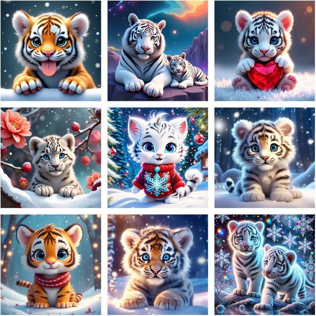 AZQSD 5D Diamantgemälde zum Selbermachen mit skurrilem Tiger in Schneeszene als Kristallkunst-Set mit Full Round Diamanten - Bild 1