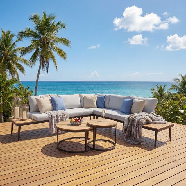 MCW Garten-Lounge-Set H54c aus Akazienholz und Stahl mit Beistelltisch in Hellbraun und hellgrauen Kissen - Bild 1