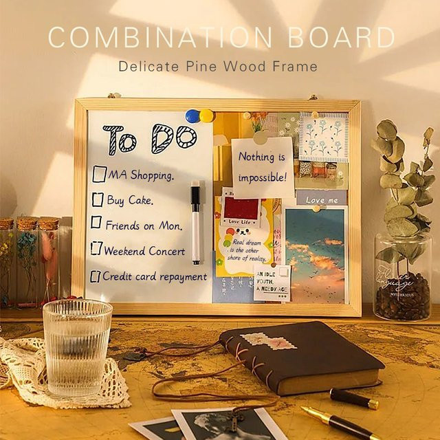 XD-TOPQC Kombinations-Pinnwand mit Kork, Magnetischem Whiteboard und Holzrahmen, Farbe: Weiß, B/H: 40 x 30 cm - Bild 1