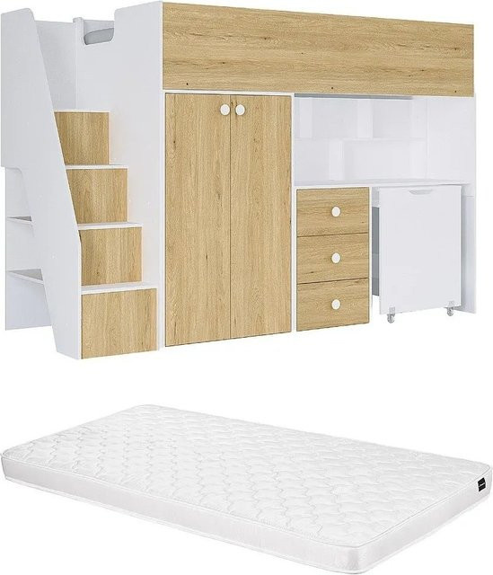 Vente-unique Hochbett Lanilato für Kinder in Naturfarben Hell und Weiß, Höhe: 235,1 cm, B/T: 190 x 90 cm - Bild 1