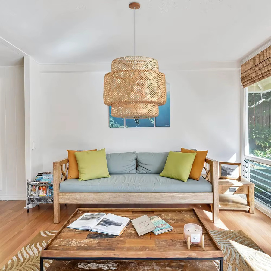 JOYINLED Bambus-Pendelleuchte aus Rattan in Beige, handgewebte Boho-Hängelampe in Zylinderform für Wohnzimmer, Esszimmer und Küche - Bild 2