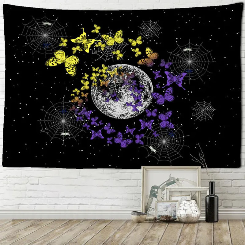 Super Six Wandbehang im Bohemian Stil mit Mond, Sternen und Schmetterlingen, Schwarz, B: 95 cm, H: 70 cm - Bild 4