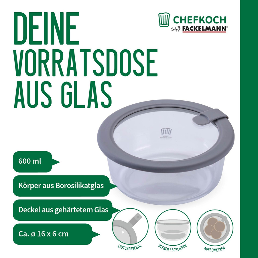 Chefkoch trifft Fackelmann Vorratsdose aus Glas, rund, transparent, 600 ml - Bild 2