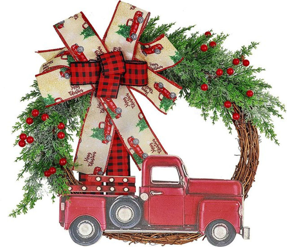TOMTOP JMS Künstlicher Weihnachtskranz mit rotem Lastwagen in Landhaus-Stil, Rot, Durchmesser: 30 cm - Bild 1