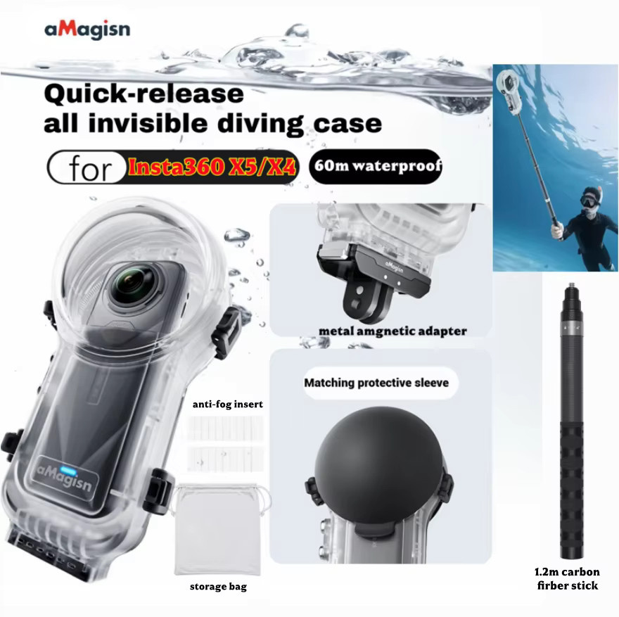 AMagisn Unsichtbares Tauchgehäuse mit Schnellverschluss für Insta360 X5 und X4, 60m Wasserdicht, Transparent - Bild 2
