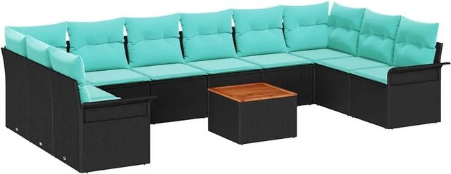 vidaXL Gartensofa-Set 11-teilig aus Poly-Rattan in Schwarz und Türkis mit Polsterkissen und Gartentisch - Bild 1