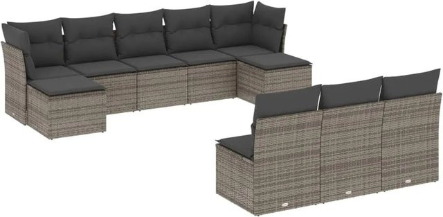 vidaXL 10-tlg Garten-Sofagarnitur in L-Form aus grauem Poly Rattan mit Kissen und Ottoman - Bild 1