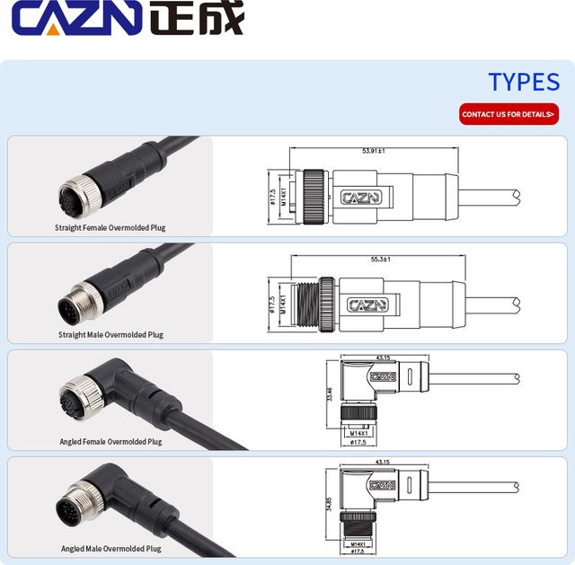 CAZN M14 geschirmter Steckverbinder mit übergeformtem geradem Winkel, männlich zu weiblich, Schwarz, 1 m PVC für Datenkommunikation - Bild 1