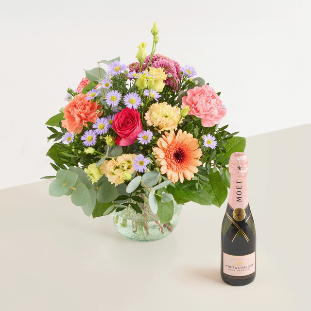 BLUME2000 Sonnengruß Bouquet multicolour mit Moet & Chandon Imperial Rosé 375ml - Bild 1