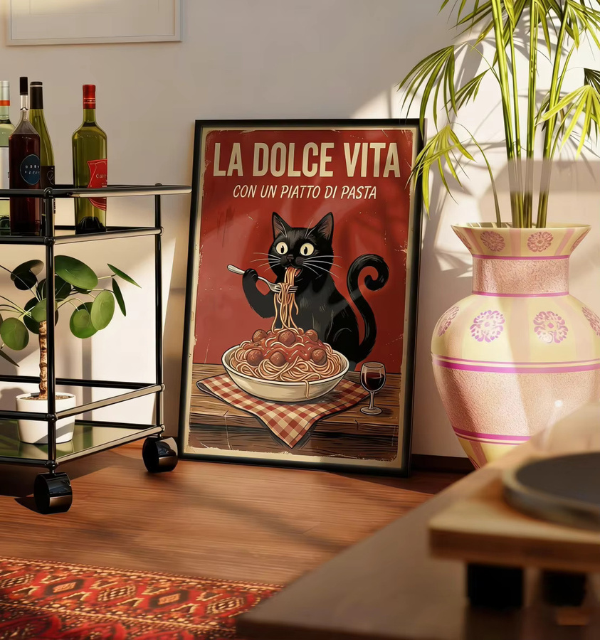 Retro Poster La Dolce Vita Schwarze Katze mit Pasta Wandbild aus Papier in Schwarz und Multicolour - Bild 2