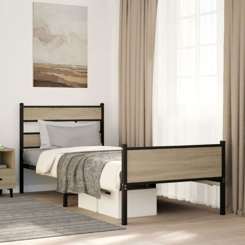 Bettgestell aus Holzwerkstoff und Stahl im Industrial-Design von Vidaxl, Farbe Eiche Natur/Braun, B/T/H: 100 x 200 x 91.5 cm - Bild 1