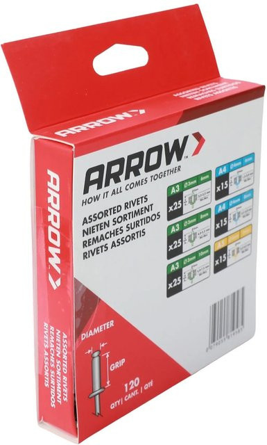 Arrow Blindniete-Set aus Aluminium in Silber/Grau, Durchmesser: 3 mm, Länge: 5 mm bis 10 mm, 120 Stück - Bild 1