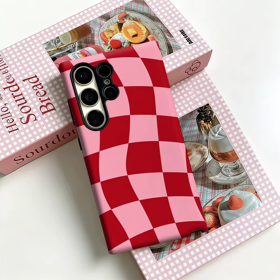 Stoßfeste Doppelschicht Handyhülle mit rot-rosa Schachbrettmuster für Samsung Galaxy S25 Ultra und S24 Ultra Plus - Bild 3