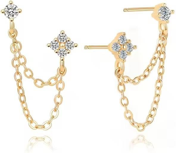 Doppelohrstecker Quastenketten, Messing, Zirkonia, Damen, Gold - Bild 1