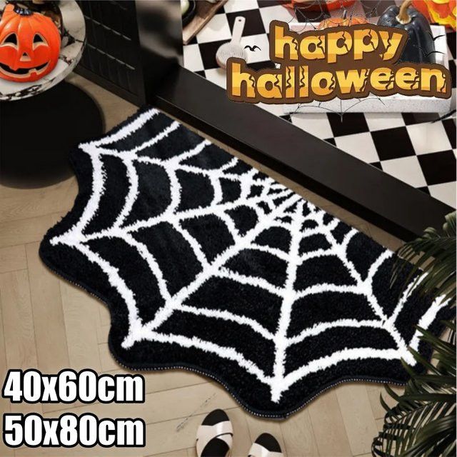 Halloween Spinnennetzmatte aus Kristall-Samt mit Fledermaus-Design, rutschfeste Dekorationsmatte für deine Heimdekoration oder den Eingangsbereich - Bild 1