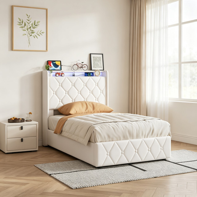 Rosahqnda Polsterbett mit LED-Beleuchtung und USB-Ladestation, Einzelbett aus Samt mit hydraulischem Stauraum und Metallrahmen, B/T: 90 x 200 cm, Beige/Grau - Bild 1