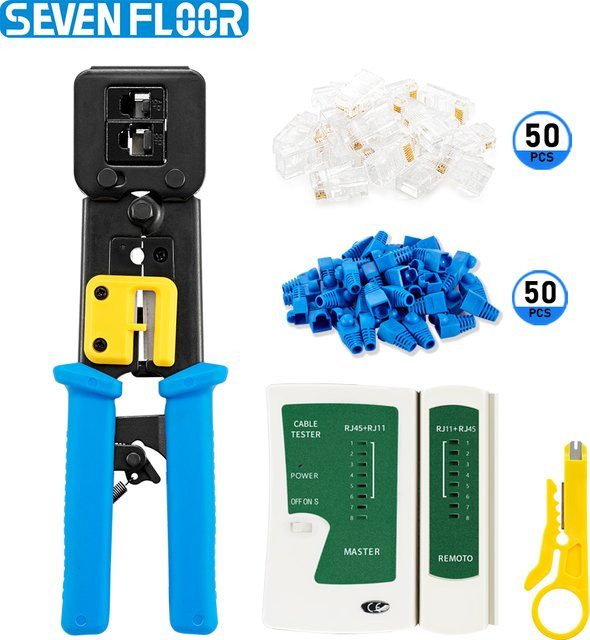 RJ45 Crimpzangen-Set für Cat5 Cat5e Cat6 mit Kabeltester, Abisolierzange und 50 Steckverbindern für RJ11 RJ12 - Bild 1