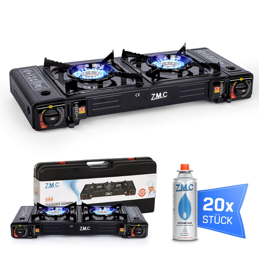 ZMC 2-flammiger Campingkocher 2,3 kW in Schwarz inklusive 20 Gaskartuschen à 227 g mit Piezo-Zündung, LPG-Adapter und tragbarem Koffer für Outdoor und Camping - Bild 6