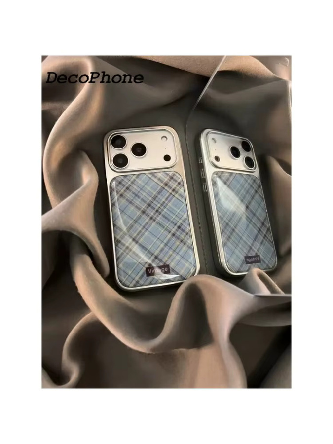DecoPhone Handyhülle im japanisch-koreanischen Retro-Stil mit blau-braunem Karomuster für iPhone 11 bis iPhone 17 Pro Max Plus Y2K Cover - Bild 3