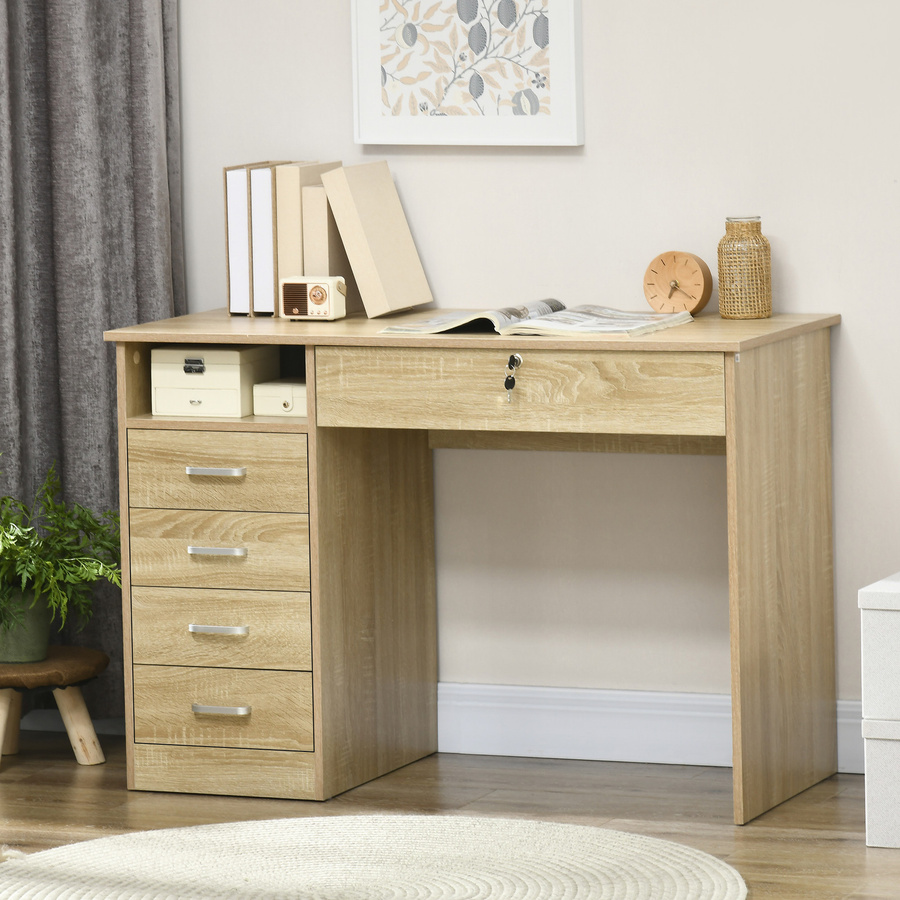 HOMCOM Schreibtisch für Büro und Home Office in Eiche, moderner Computertisch mit 5 Schubladen und offenem Fach, B/T/H: 110 x 50 x 76 cm - Bild 2