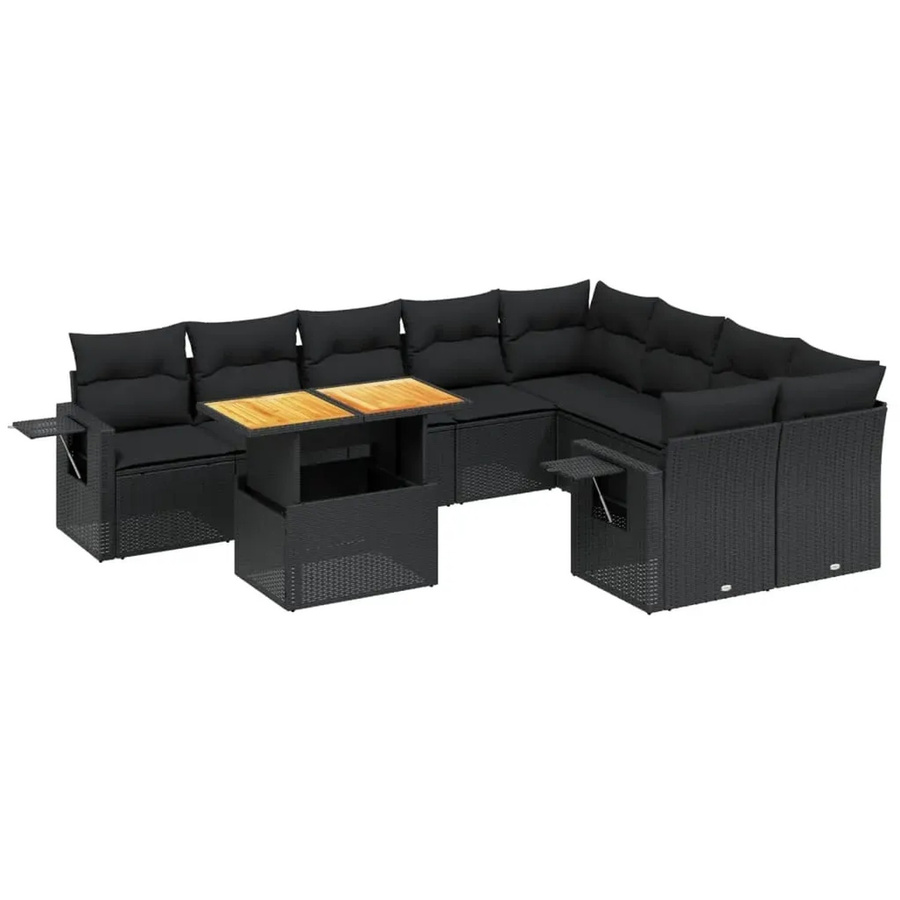 vidaXL 10-tlg. Garten-Sofagarnitur in L-Form aus Polyrattan und Akazienholz mit Kissen, Schwarz - Bild 2