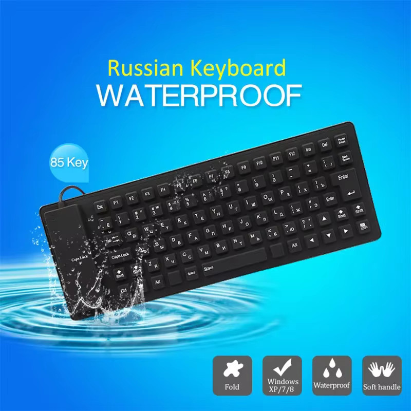 ThundeaL Silikon-Tastatur mit 85 Tasten, wasserdicht, USB-kabelgebunden, Schwarz, Layout: Englisch/Russisch - Bild 3